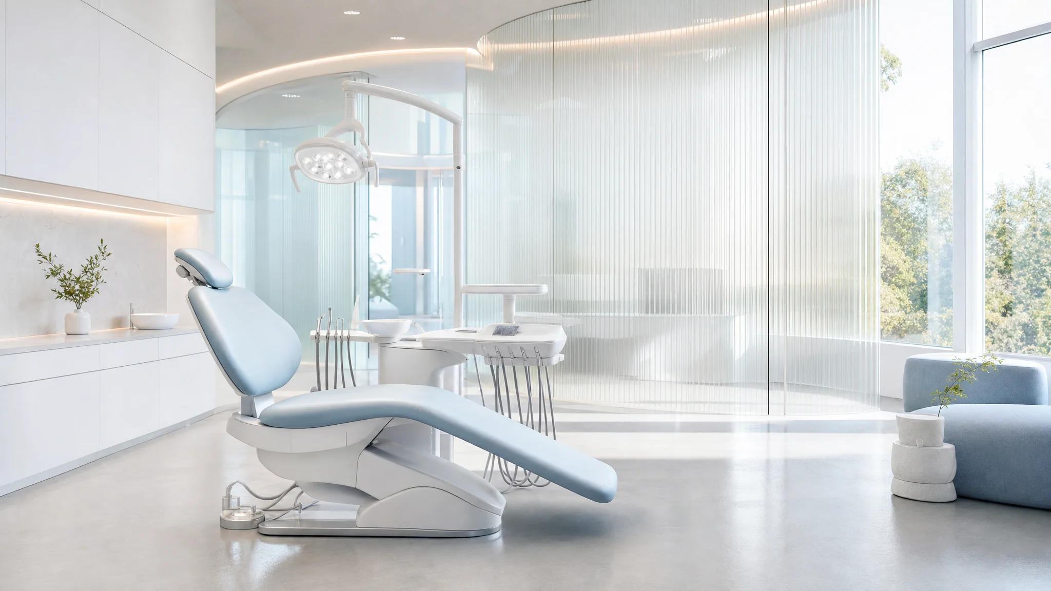 Consulta dental ficticia Nítida con sillón odontológico y luz natural